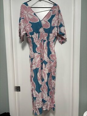 Lexbreezy Floral V-Neck jumperDress in Dusty Pink & Teal